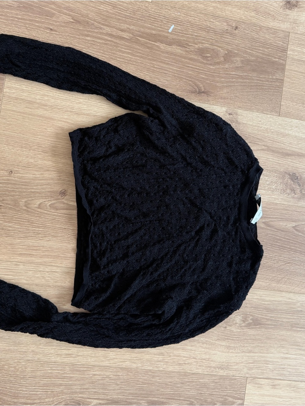 Zara Black Cropped Lace-Texture Long Sleeve Top